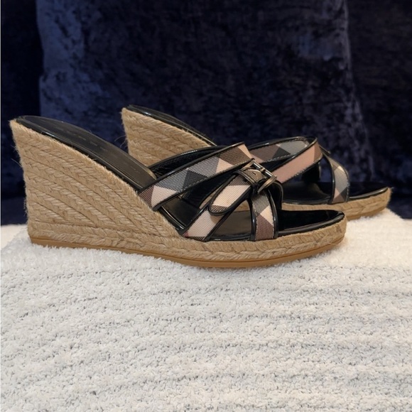 Burberry Shoes - Burberry Black and Tan Plaid Wedge Sandals
